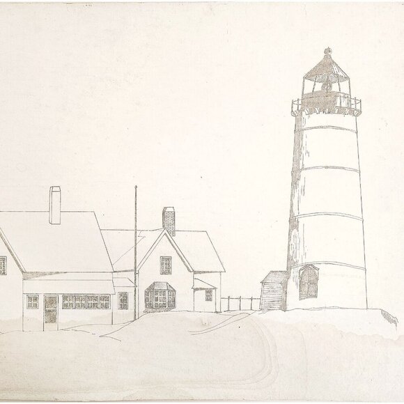 1960-70s Original Art Pencil Drawing Maine Lighthouse OOAK Unsigned DWWW14 - Picture 1 of 2